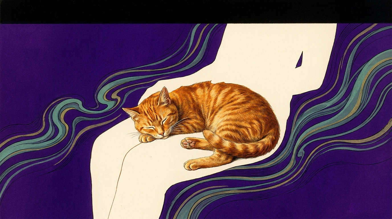A sleeping cat held in deliberate negative space as colored information moves around it