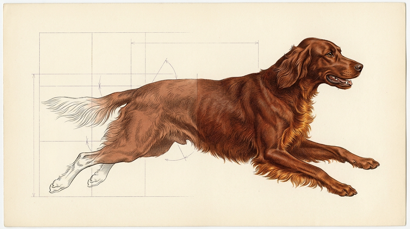 An Irish Setter moving from technical blueprint into a finished chromolithographic plate